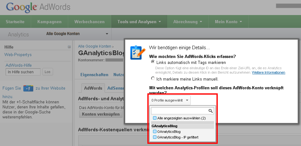 Auswahl der Google Analytics Profile für die AdWords Verknüpfung