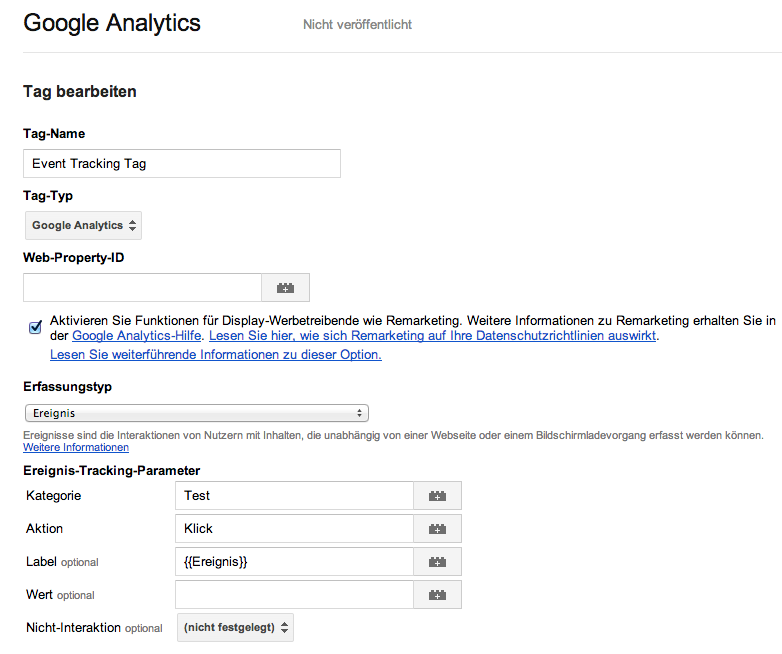 Die Einrichtung des Tags für die Datenübergabe an Google Analytics